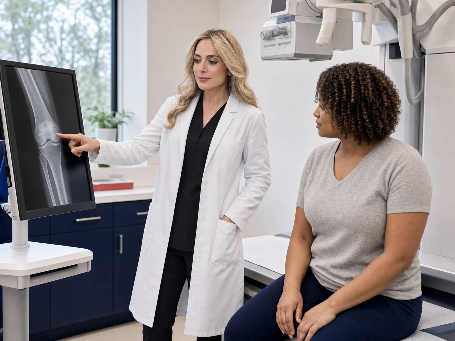 HMC provider reviewing an on-site digital X-ray with a patient at the Dearborn clinic